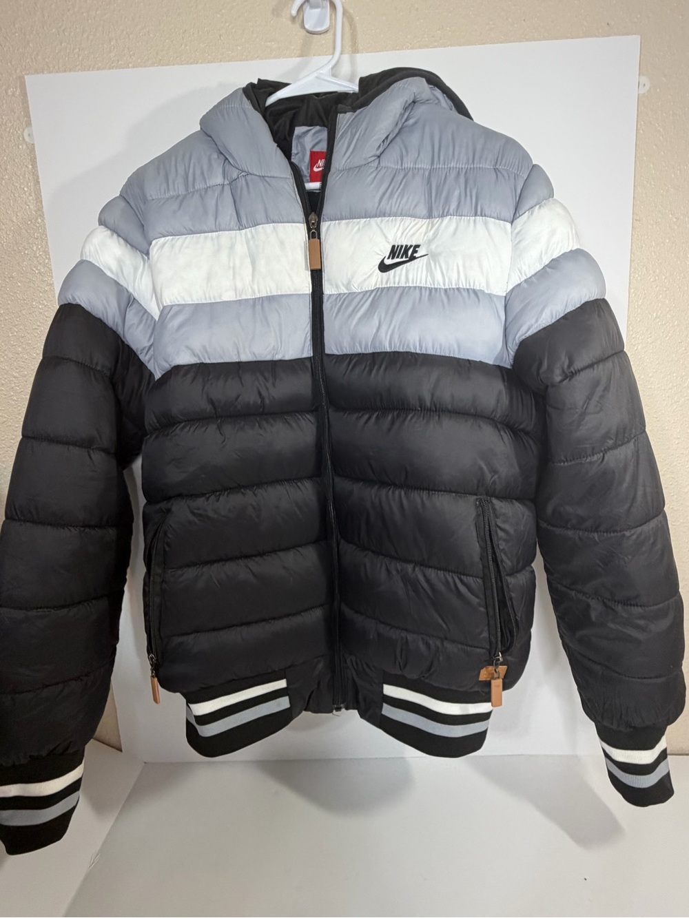 Nike Black, Gray & White Striped Puffer Jacket with Hood